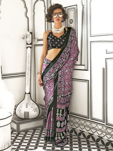 Awesome Wine Printed Satin Traditional Wear Saree With Blouse